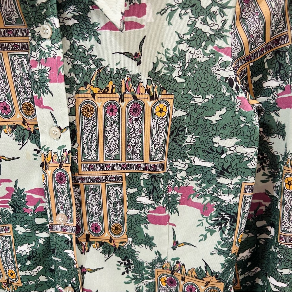Vtg 70s Ship ’n Shore Bird & Garden Print Dagger Collar Button Up Shirt - M Poly - Picture 7 of 15
